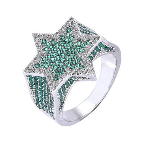 Emerald Five Star Hexagonal  Ring Iced Out