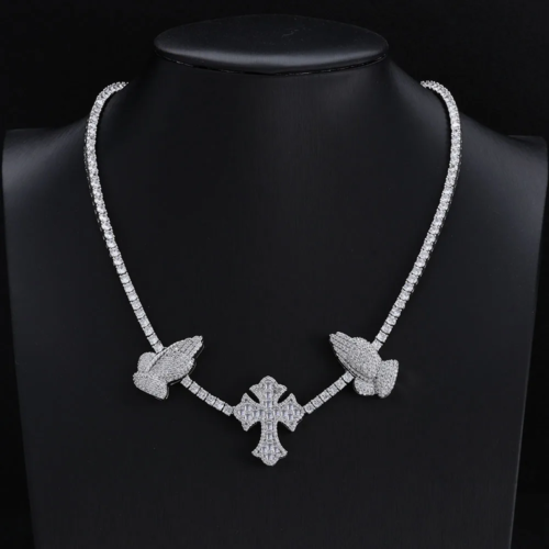 Prayer Hand & Cross Tennis Chain Baguette Pendant Necklace