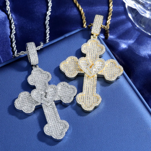 925 Silver Heart Cross VVS Moissanite Pendant