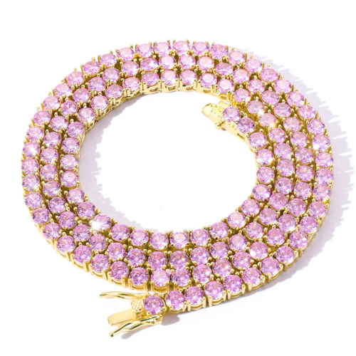 4mm Tennis Necklace Gold Plated Single Row Pink